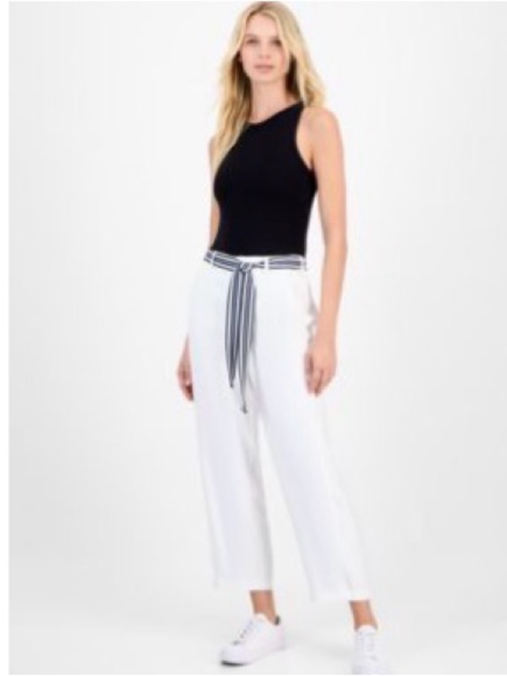 Nautica White Cropped Wide-Leg Pants with Navy Stripe Tie